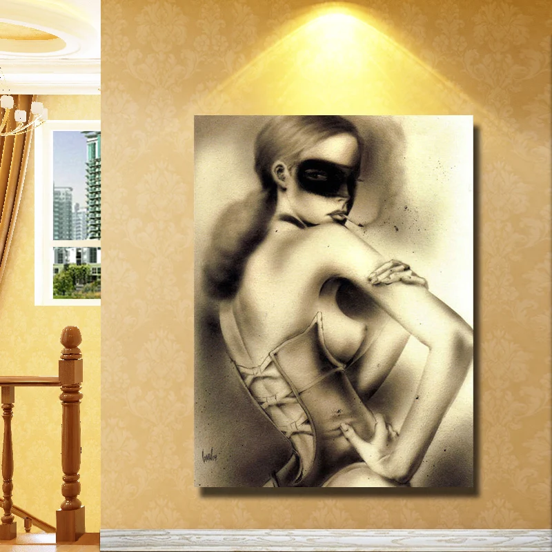 

Large size Handpainted Oil Painting on Canvas Smoking wear a mask Sexy girl wall art picture for living room home decor