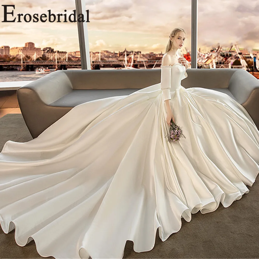 Erosebridal Новое поступление винтажное свадебное платье длинное 2019 вырез лодочкой воротник свадебное платье атласное женское платье невесты