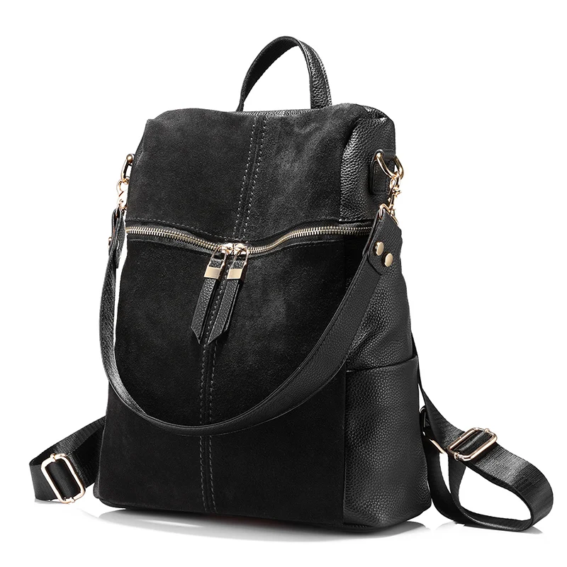 black Женский кожаный рюкзак LOVEVOOK, многофункциональная школьный портфель большого объёма для девочек подростков, дамская сумка через плечо из натуральной кожи и замши, повседневная наплечная сумка для путешествия - Цвет: black