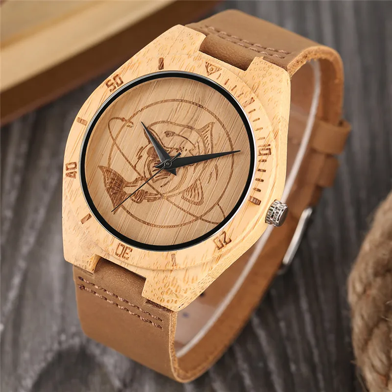 YISUYA Creative Wood Watch Shark Fish Mens Womens Natural Bamboo Wooden Quartz Wrist Watches Casual Leather Lucky Gifts Relogio