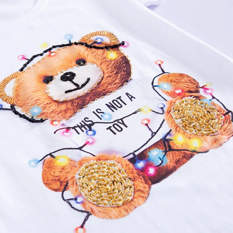 Lusumily, женская футболка размера плюс, хлопковая рубашка, блестки, кавайный медведь, Повседневная футболка, белая, черная, женские топы, летняя футболка Harajuku