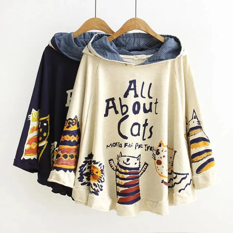 

Nefeilike 2019 New Winter And Autumn Hoodies Hooded Loose Print Cat 2 Colour Kawaii Japan Style Tops Cute Warm Hoodies