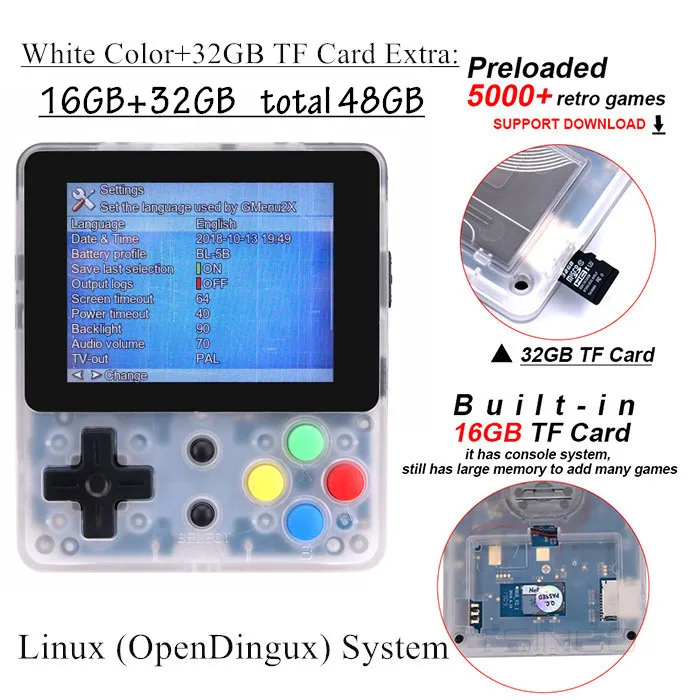 TSINGO DIY Linux система LDK игровая консоль 16 Гб памяти 1000+ игры 2,6 дюймов экран AV выход Ретро ручной карманный мини-игровой плеер - Цвет: White 32GB TF Card
