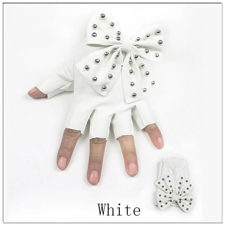 WarBLade Fashion Fingerless Gloves Women's PU Leather Gloves Ladies Luvas Dancing Party Show Big Bow Rivet Half finger Mittens