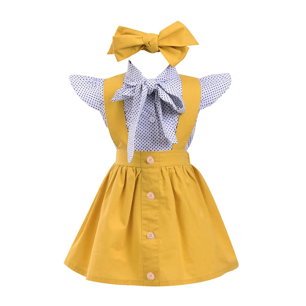 

Children's Set 3Pcs Toddler Infant Baby Girls summe Lady girl Bow Button Dot Print Tops T Shirt Strap Skirt Outfits Headwear