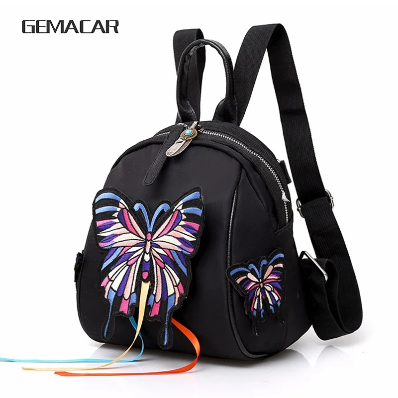 Повседневный маленький рюкзак с бабочкой для девочек, Женский ранец в этническом стиле, сумка на плечо с вышивкой тигра, черная нейлоновая задняя Сумка