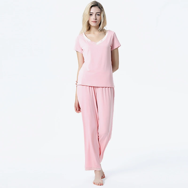 Women's Slim Modal Pajama Set V neck Short Sleeve T shirt Sleepwear