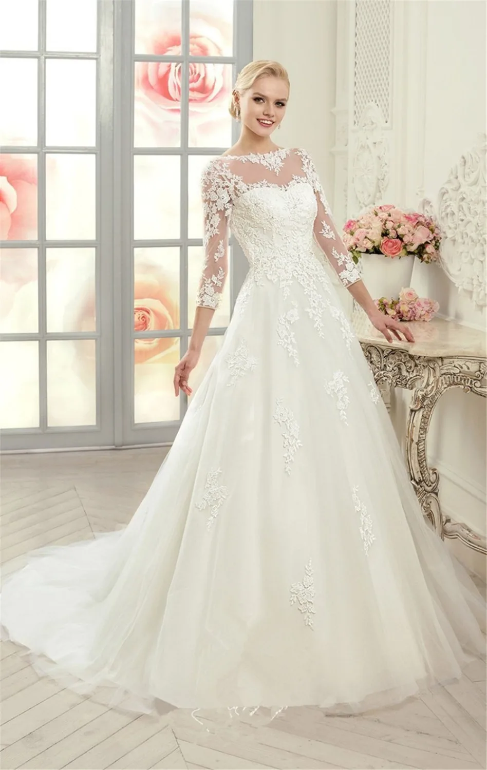 MANSA 2015 Lace A Line Wedding Dress With Sleeves See Through Tulle