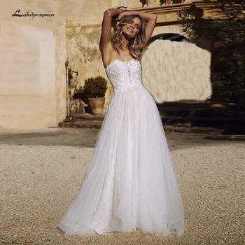 

Lakshmigown Simple White Wedding Dress Boho 2019 Robe de Mariee Bridal Dresses Elegant Women Long Beach Tulle Wedding Party Gown