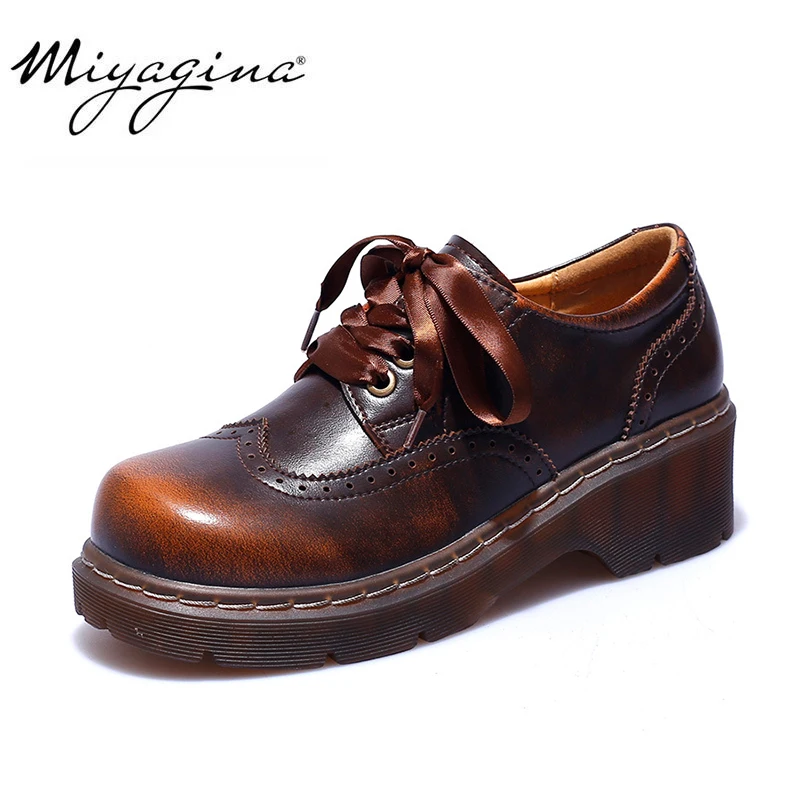

MIYAGINA women oxford shoes flats handmade vintage summer spring for woman shoes laces loafers brown casual sneakers flat shoes