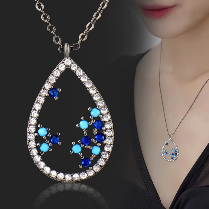 

SINLEERY Personality Design Hollow Teardrop Pendant Necklace Black Color Chain Women Crystal Necklace Custom Jewelry XL238 SSO