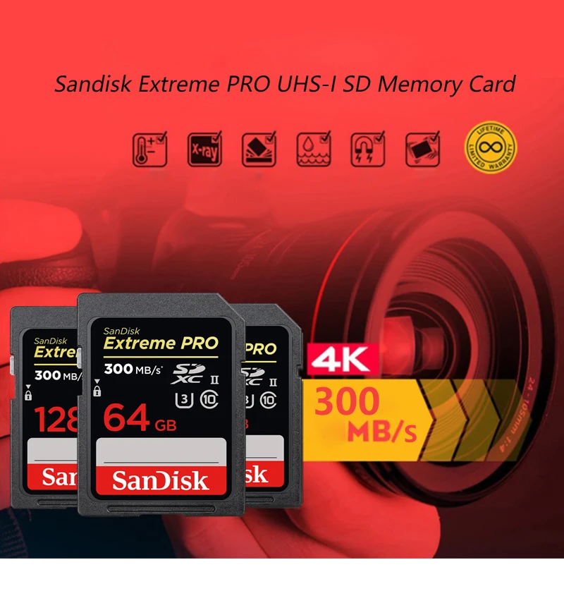 Оригинальная sd-карта SanDisk, 128 ГБ, 64 ГБ, 32 ГБ, до 300 м/с, класс 10, U3, UHS-II, Экстрим, Pro, карта памяти для камеры