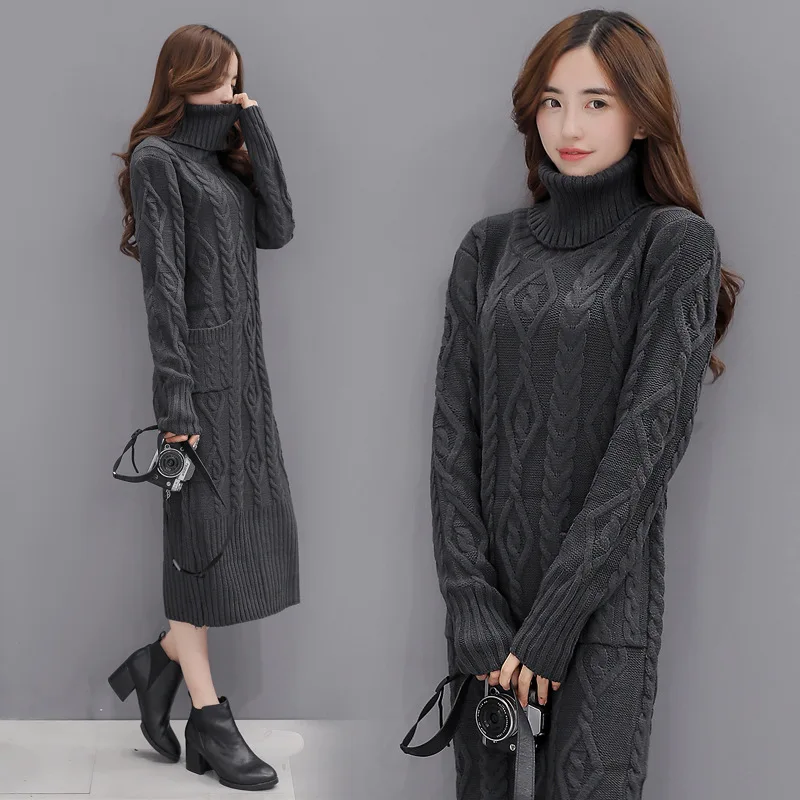 

Autumn Winter Women Fashion Knitting Sweater Pullover Dress Ladies Jumper Vintage Wool Turtlenecks Long Sleeve Plus Size Tops