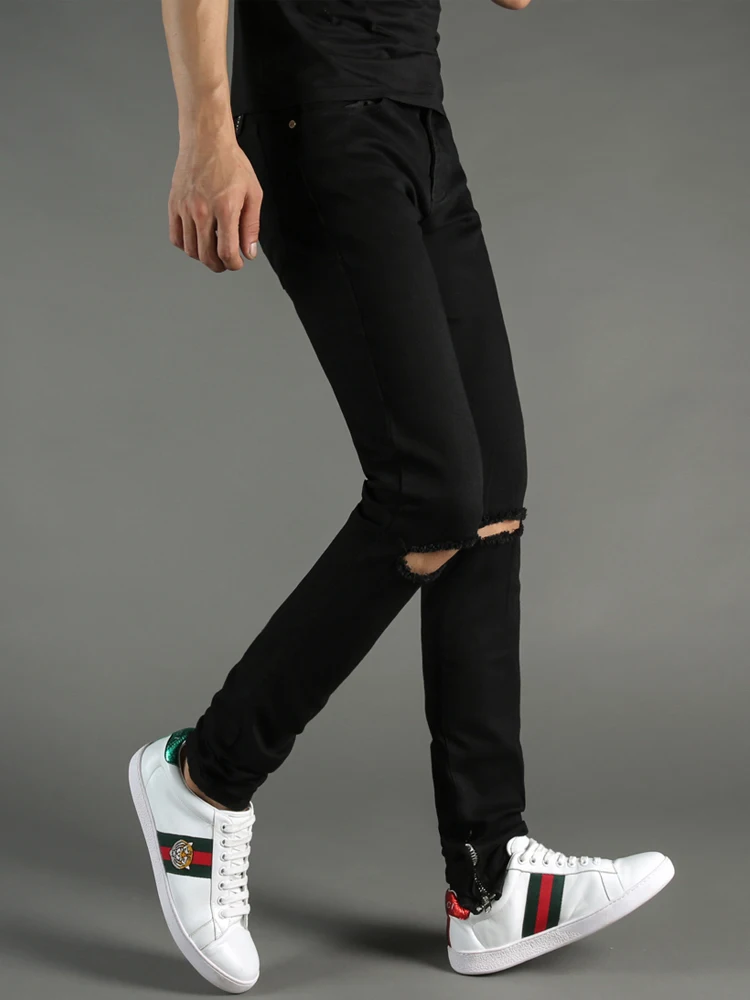 Fashion Streetwear Men's Jeans Black Color Elastic Skinny Jeans hombre Ankle Zipper Ripped Jeans For Men Hip Hop Pants homme