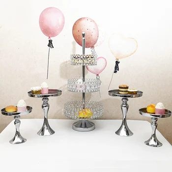 

silver Crystal Beads Metal Wedding Birthday Party Dessert Cake Stand Display Plate
