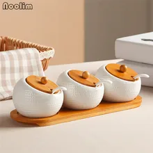 Керамическая Бытовая бутылка для приправ с бамбуковым поддоном, банка для хранения приправ, банка для специй, соевый соус, солевая, сахарная банка, кухонный Органайзер