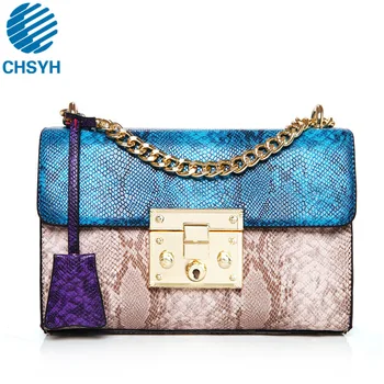 

Factory Direct Snake Pu Skin Contrast Women's Small Square Bag 2019 New Lock Chain Bag Shoulder Messenger Bag