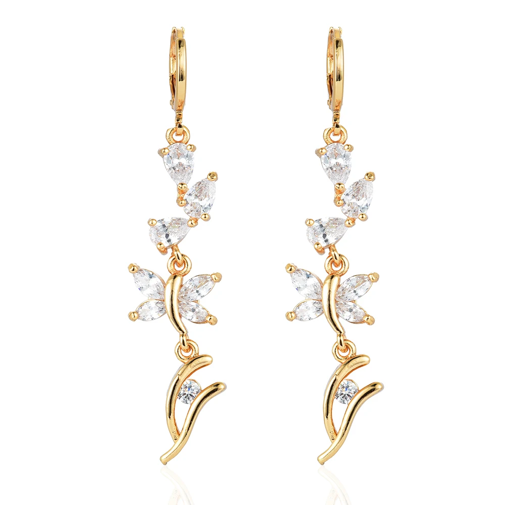 Women CZ Drop Long Earrings Crystal Elegant Gold Color Jewelry Wedding