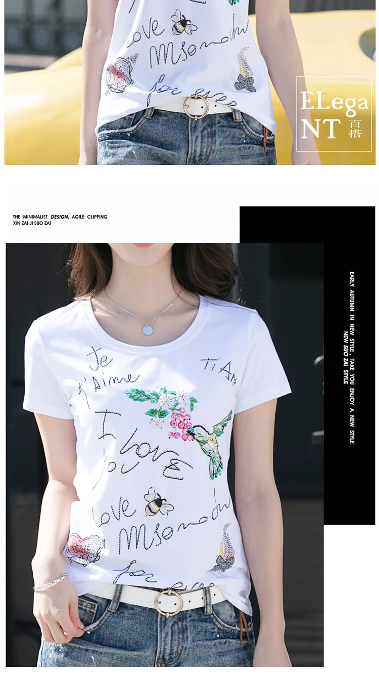 Летняя женская футболка с цветами, буквами, бисером и бриллиантами, женские топы, женская футболка, Новинка harajuku, женская футболка 3XL