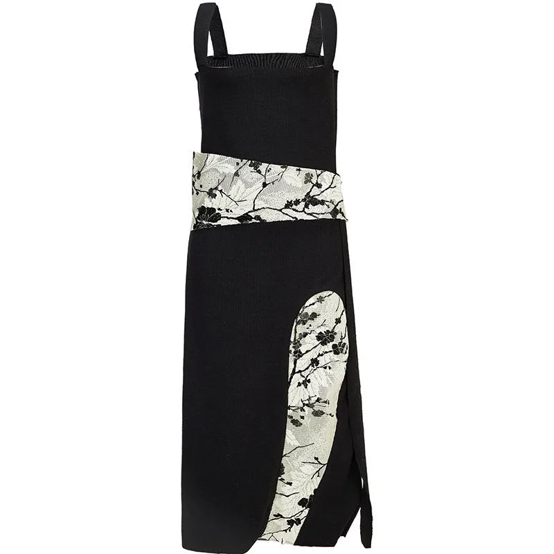 2019 Summer Gloria&ampGrace Elegant Spaghetti Strap Black Knitting Patchwork Blossom Floral Flowers Print Pattern Mid-Calf Dress | Женская