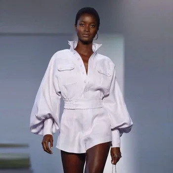 

Luxury Designer Brand Women's Sets for Women Runway Elegant Sexy Stand Collar Lantern Sleeve White Blouse and White Shorts