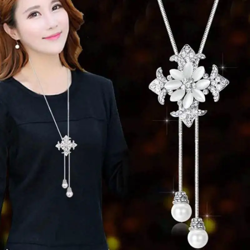 Best Selling Cat Eyes Full Of Rhinestone Flowers Autumn And Winter Fashion Sweater Chain Imitation Pearl Tassel Long Necklace | Украшения и