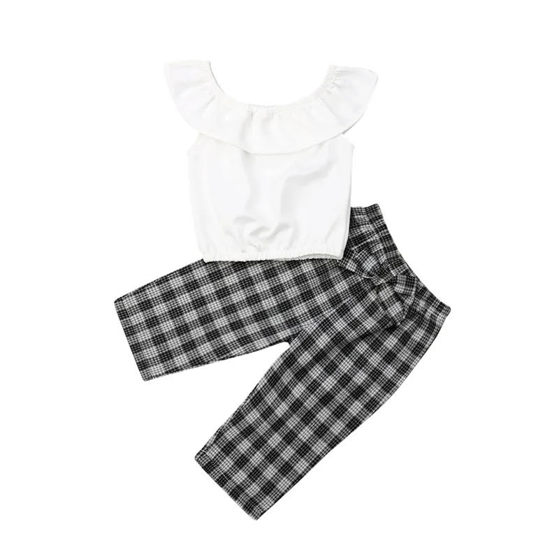

2019 Children Girl Summer Sets Kid Baby Girl Clothes 2Pcs Ruffles Collar Vest Tops+Bow Plaid Long Pants Outfits Party Sets 0-5Y