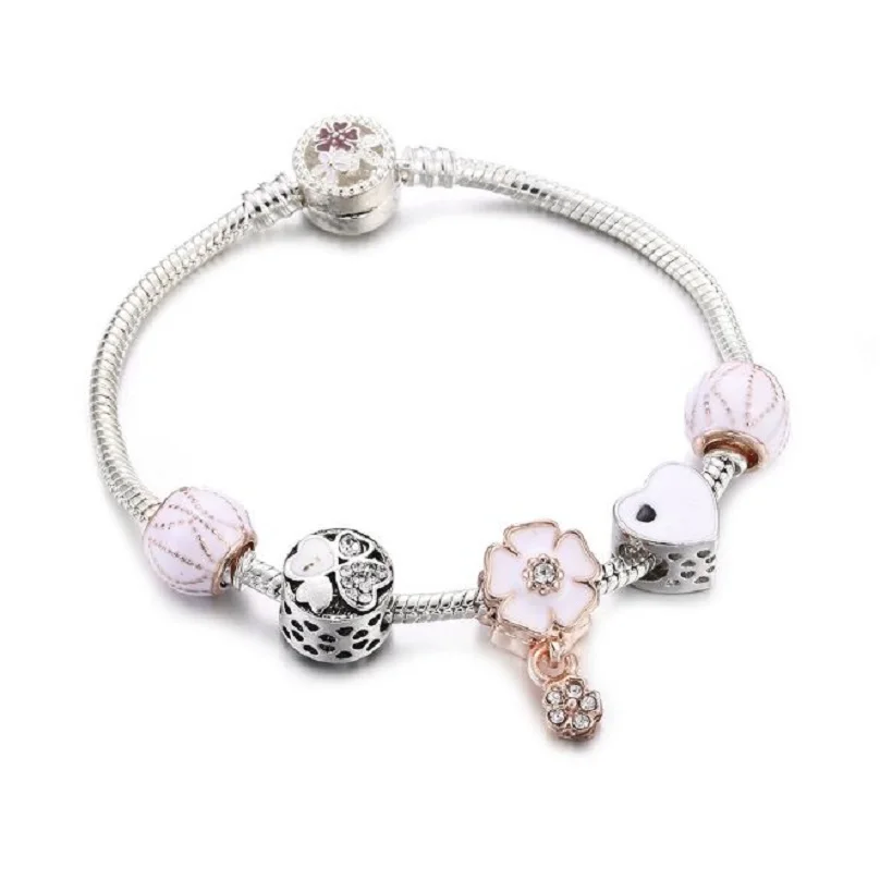 速卖通串珠手链纯手工diy手镯 微镶花朵吊坠首饰潘朵拉银饰手环1