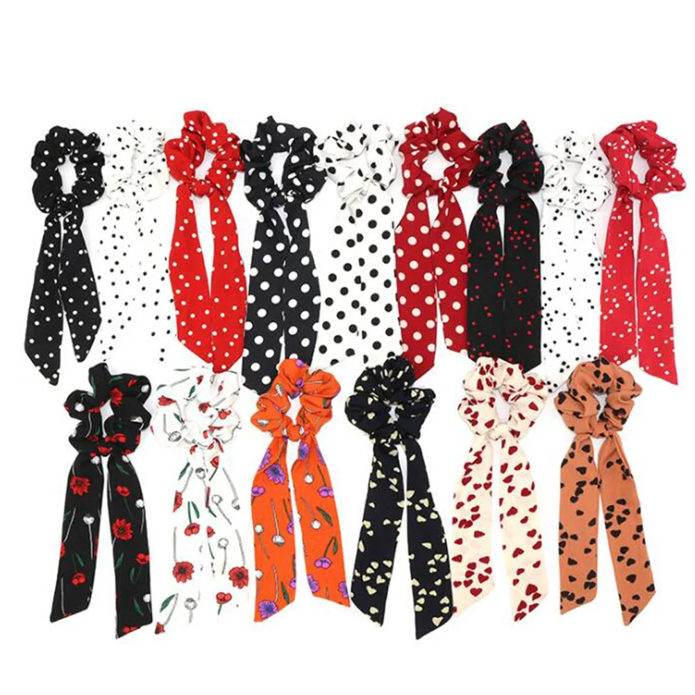 2019 Bohemian Polka Dot Floral Printed Ribbon Bow Hair Scrunchies Women Elastic Hair Band Ponytail Scarf Hair Ties Accessories