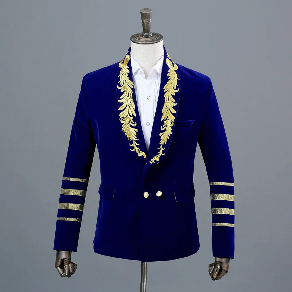 Cashback Offer for  3 Colors Men's Velvet Double Breasted Gold Embroidery Suits Jacket Groom Tuxedo Prom Singers Costum