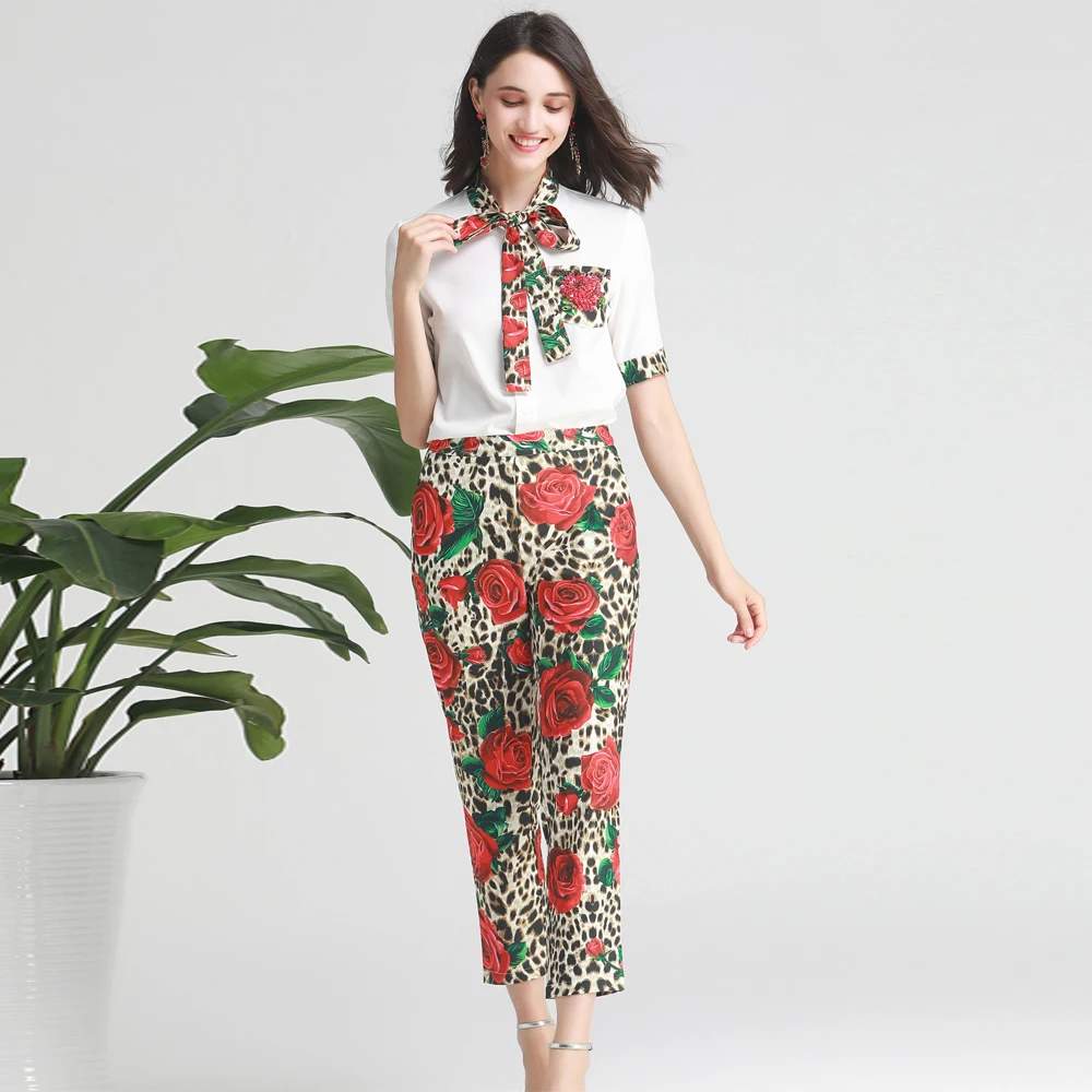 

Red RoosaRosee Runway Designer Women's Summer Diamonds Sequins Rose Print Bow Collar Shirt Tops + Pants Two Piece Set Twinsets