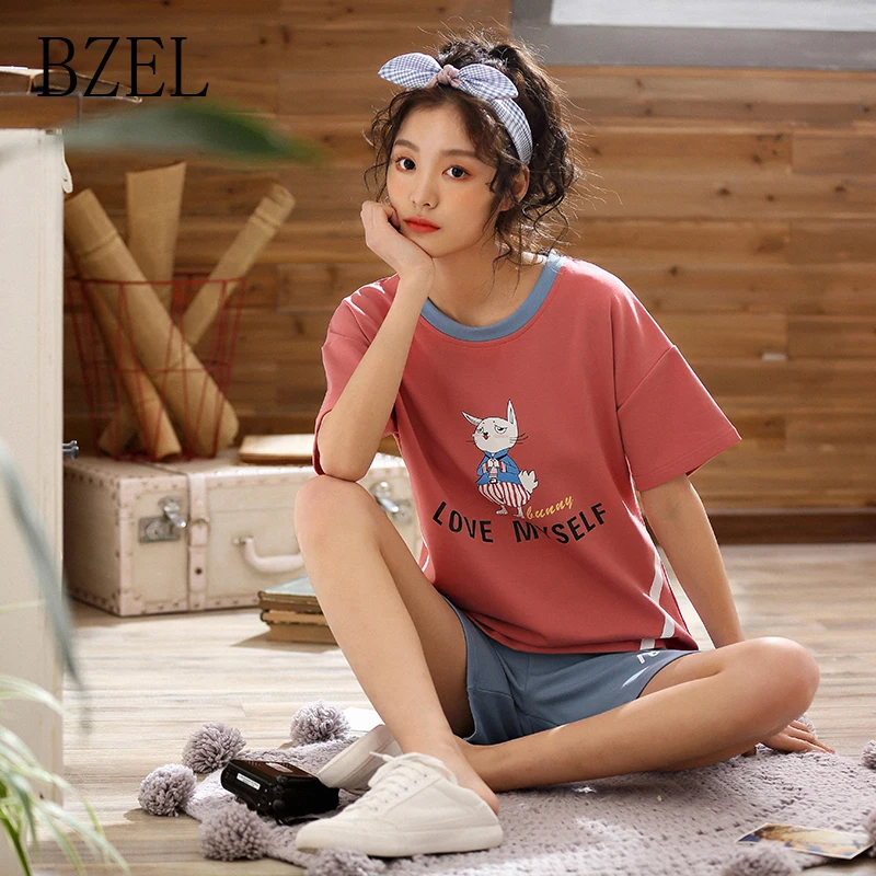 

BZEL 2019 New Summer Women Pajamas Cat Printed Short Sleeve Pijama Set Cute Cotton Sleepwear Homewear Suit Kawai Pijama Feminino