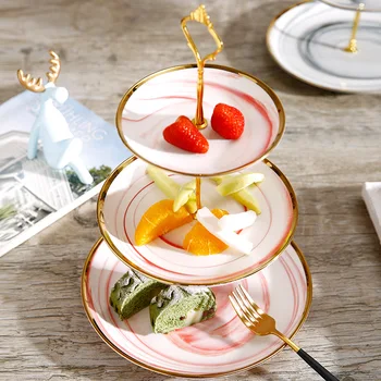 

European Marble Pattern Cake Rack Bracket Tray 2/3 Layer Marble Plate Golden Edge Wedding Party Birthday Candy Fruit Snack Tray