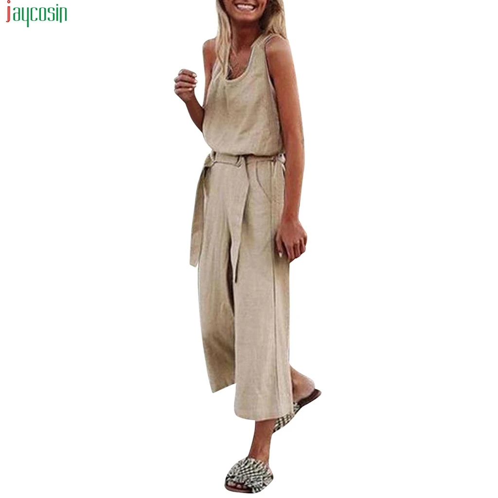 

JAYCOSIN Women Jumpsuits female Summer Casual Solid Sleeveless Bohe High Waist Belt Wide Leg Jumpsuits sexy bodysuits 2019 new
