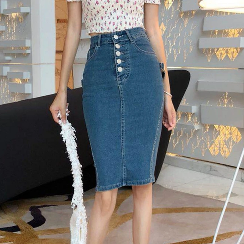 stretchy denim midi skirt