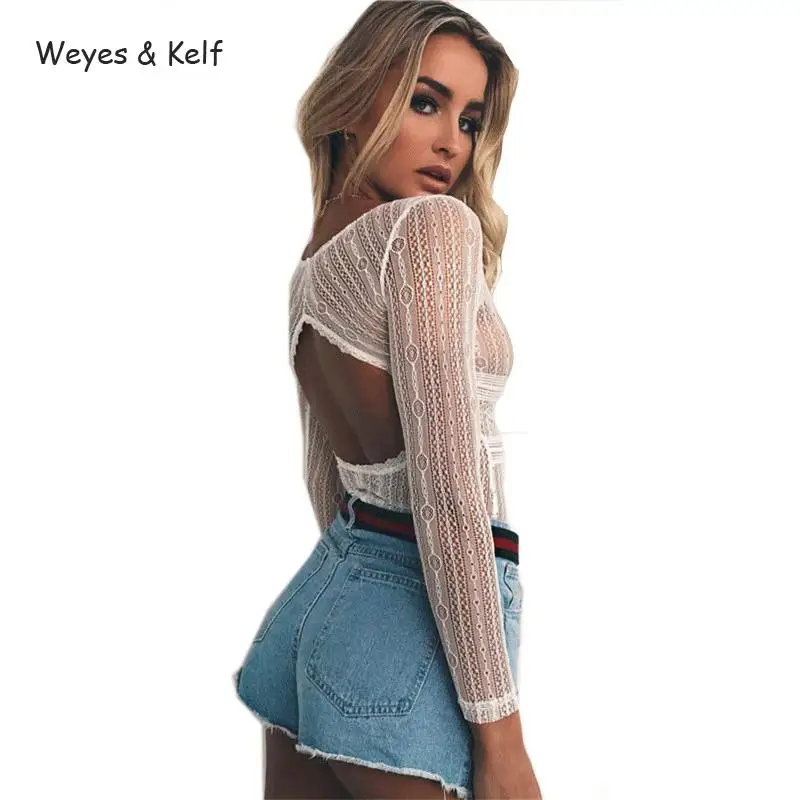 Женское Кружевное боди Weyes & Kelf с глубоким V образным вырезом и длинным рукавом