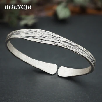 

BOEYCJR S999 Sterling Silver Bangles&Bracelets Fine Retro Jewelry Handmade Irregular Pattern Open Bangle for Woman