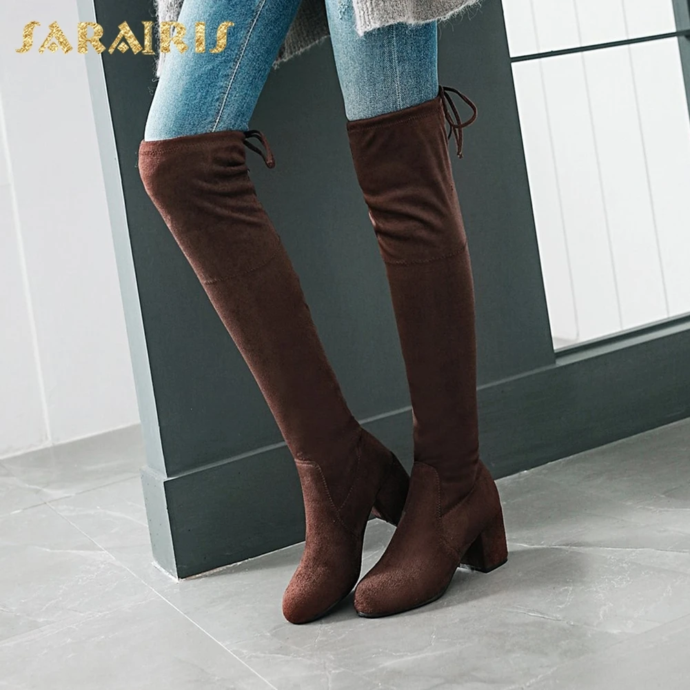 

SARAIRIS 2018 Plus Size 33-48 Solid New Fashion Elegant Women Boots Shoes Chunky Heels Over The Knee Boots Woman Shoes