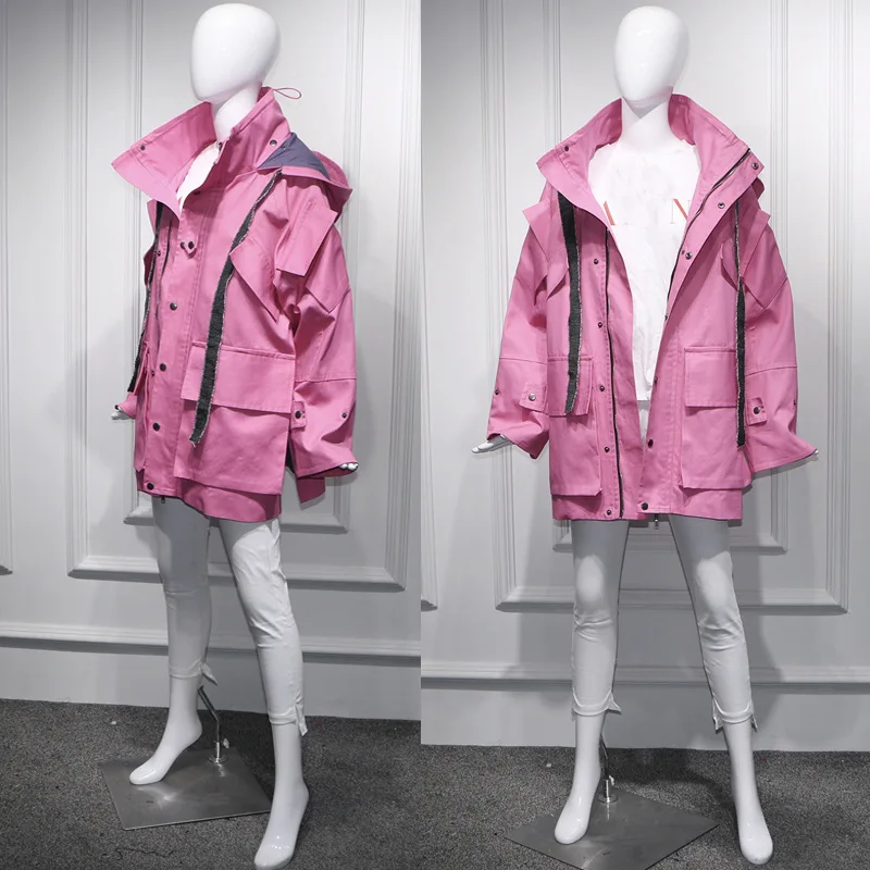 

2019 Spring Korean Version Pink Loose Hat Long Style Windbreaker Jackets Couple Overcoat Women Zipper Button Long Coat Woman