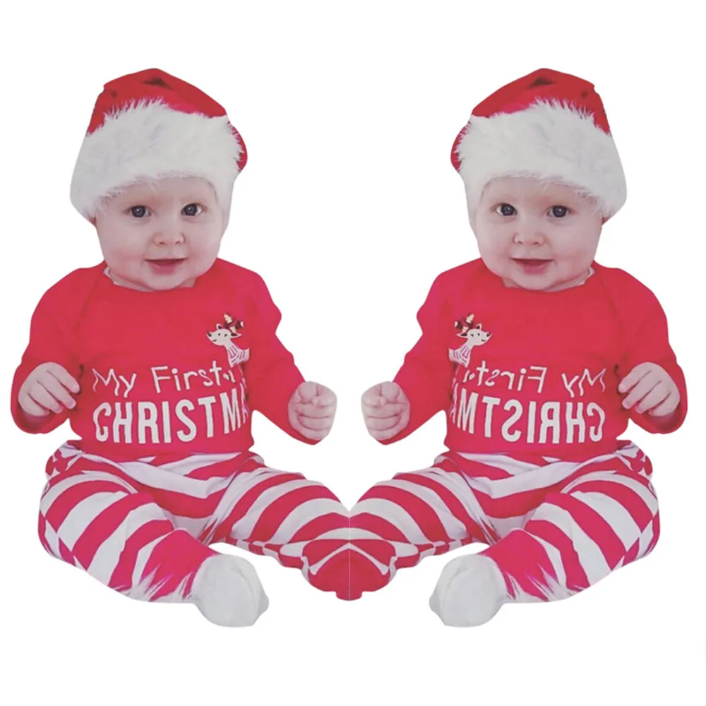 Модная Рождественская одежда красного цвета для новорожденных девочек и мальчиков комплект из 2 предметов, комбинезон с оленем+ штаны, Лидер продаж года, Прямая поставка, ST26