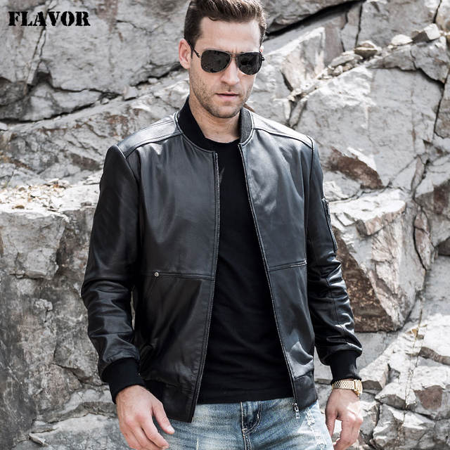 Men's Real Leather Jacket Men Baseball Cowhide Genuine Leather with Rib ...