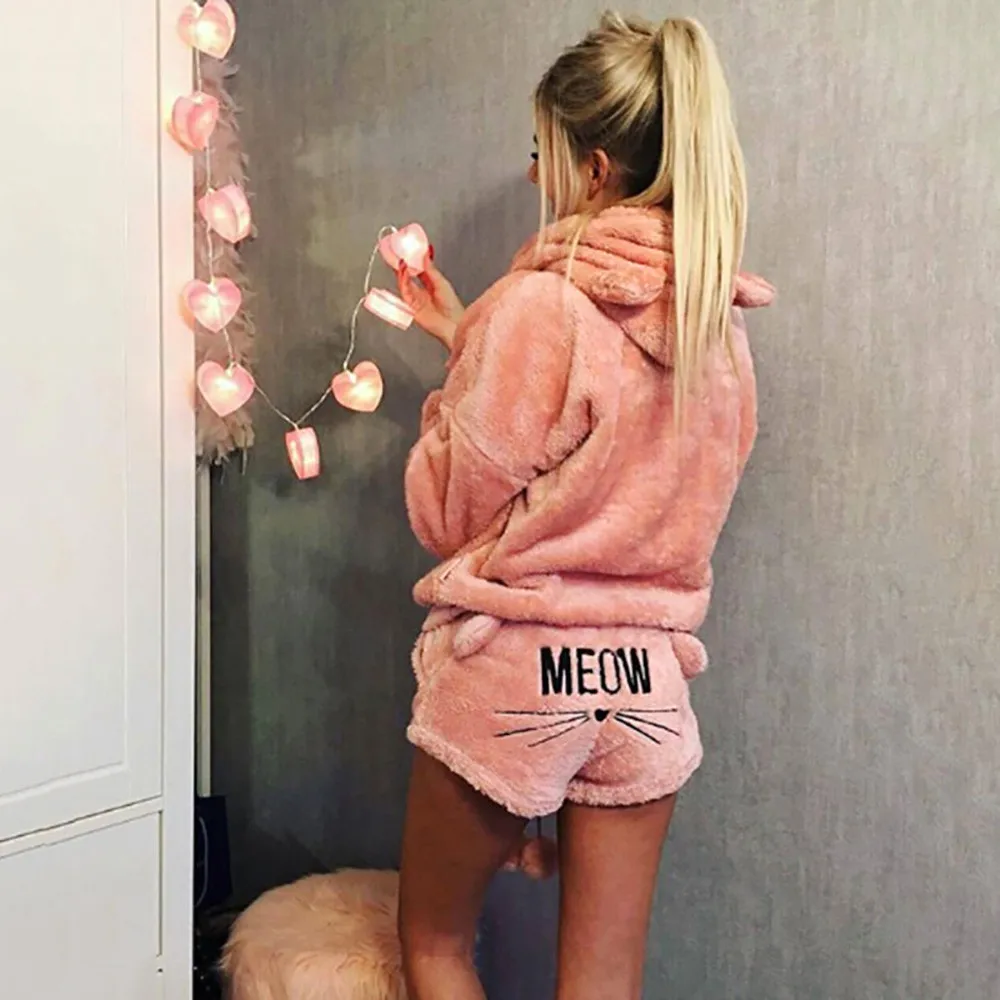 Women Pajama Sets Autumn Winter Flannel Cartoon Warm Pyjamas Animal Sleepwear Cute Cat Female Pajama Women Hoodie Homewear