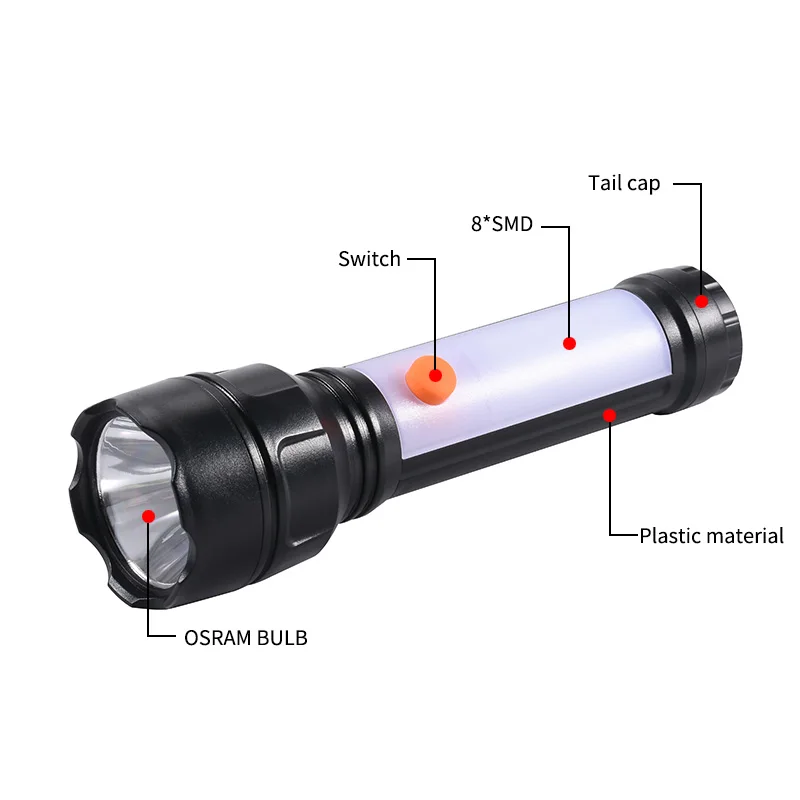 Coba led flashlight 6 modes by 1 switch plastic material osram bulb with red light use 4*AA battery waterproof super bright lamp