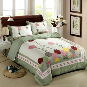 

4Pieces Queen size Bedding set 100%Cotton Floal Applique Patchwork Duvet cover Bedspread Pillowshams Pink Green color Ultra Soft