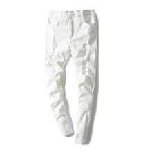 Мужские однотонные белые джинсы с дырками, новые модные мужские тонкие эластичные ковбойские брюки, белые и черные Стрейчевые джинсы, размер 36