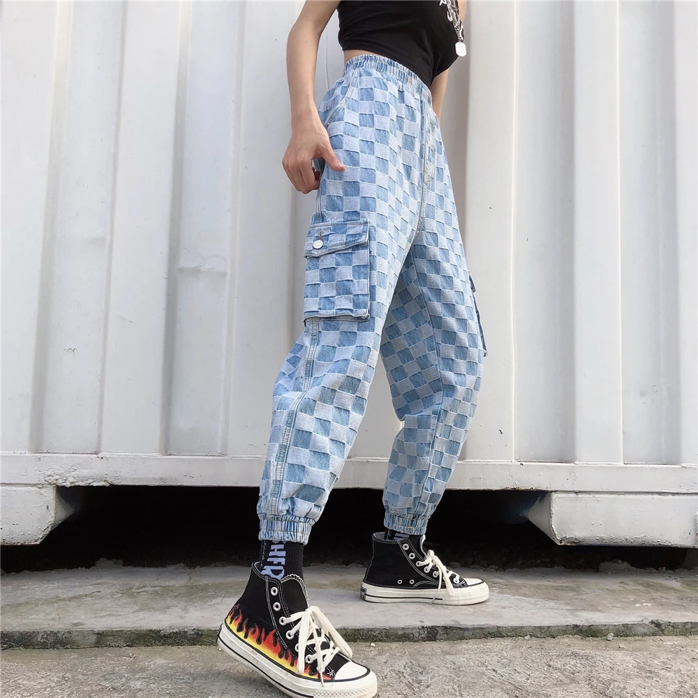 

LMCAVASUN Harajuku Plaid Pant Jeans Women Men Loose Unisex Pants Outwear Fashion High Waist Pockets Cargo Pants Blue Streetwear