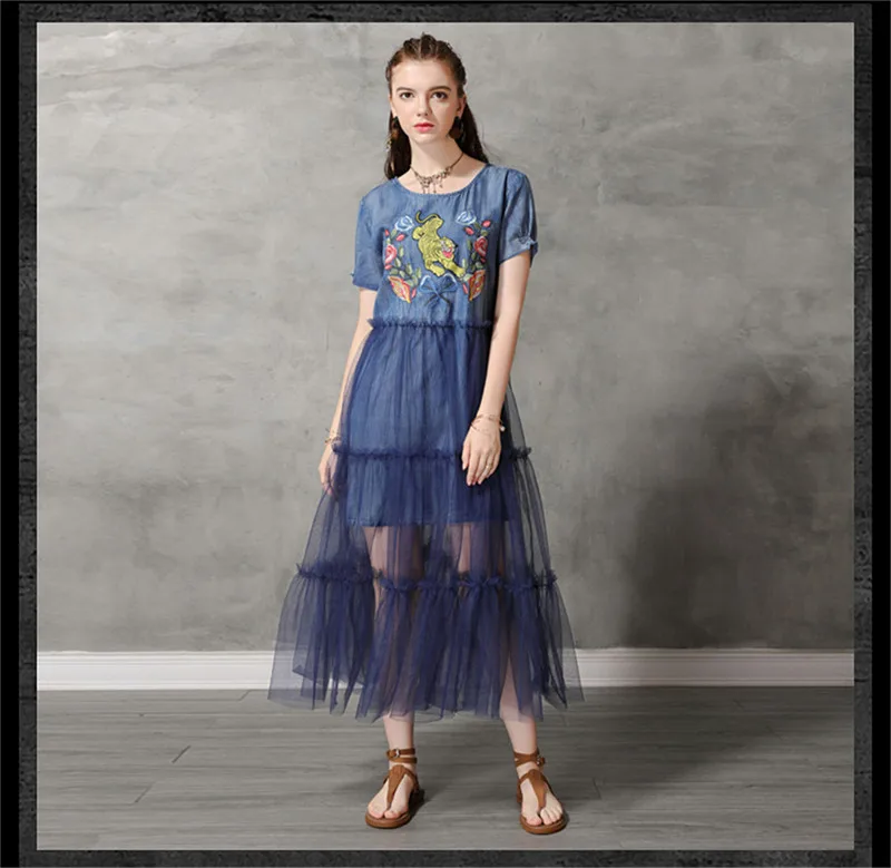 Summer Sexy Mesh Dress 2019 Vintage Women Denim Dresses Tiger Embroidery Chiffon Patchwork Vestido O-neck Dress KE82176 (7)