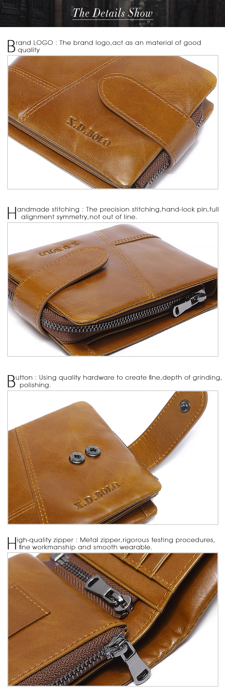 X.D.BOLO Genuine Cowhide Leather Men Wallet Trifold Wallets Fashion Design Brand Purse ID Card Holder With Zipper Coin Pocket