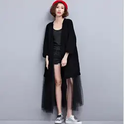 2017New прибытие мода свободные сетки шить длинный черный свитер пальто Плюс большой за размер женщин весна осень кардиган девушка носите