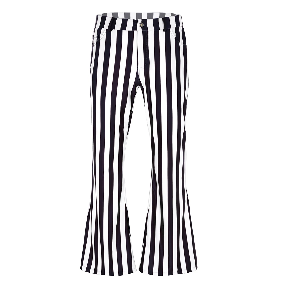 Adult Men Vintage Striped Long Pants Male Retro Mid Waist Elastic Flares Trousers Homme Party Stage Dance Costume Club Clothing - Цвет: Black White